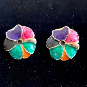 Vintage Enamel Flower Pierced Earrings 1980s